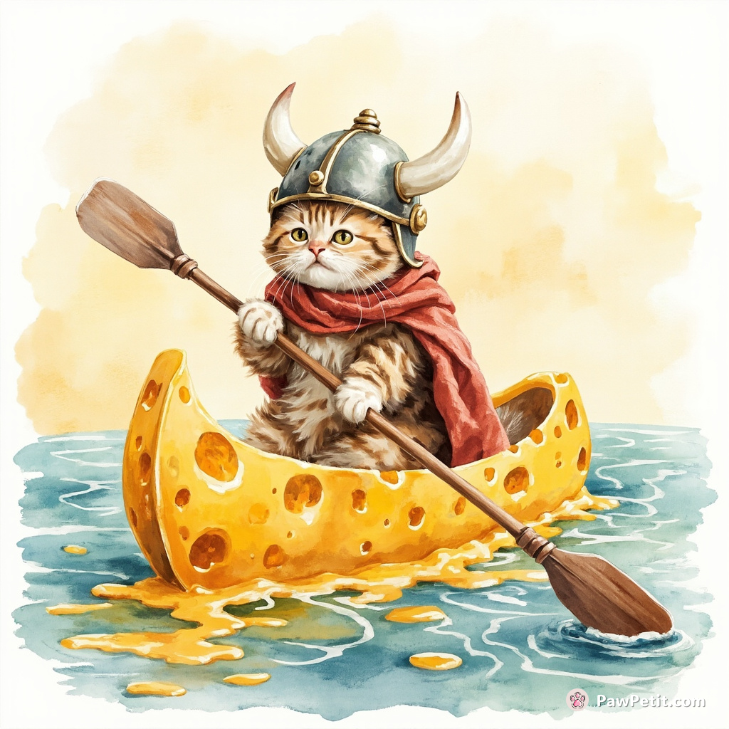 A cat canoeing on a river of melted cheese wearing a Viking helmet.