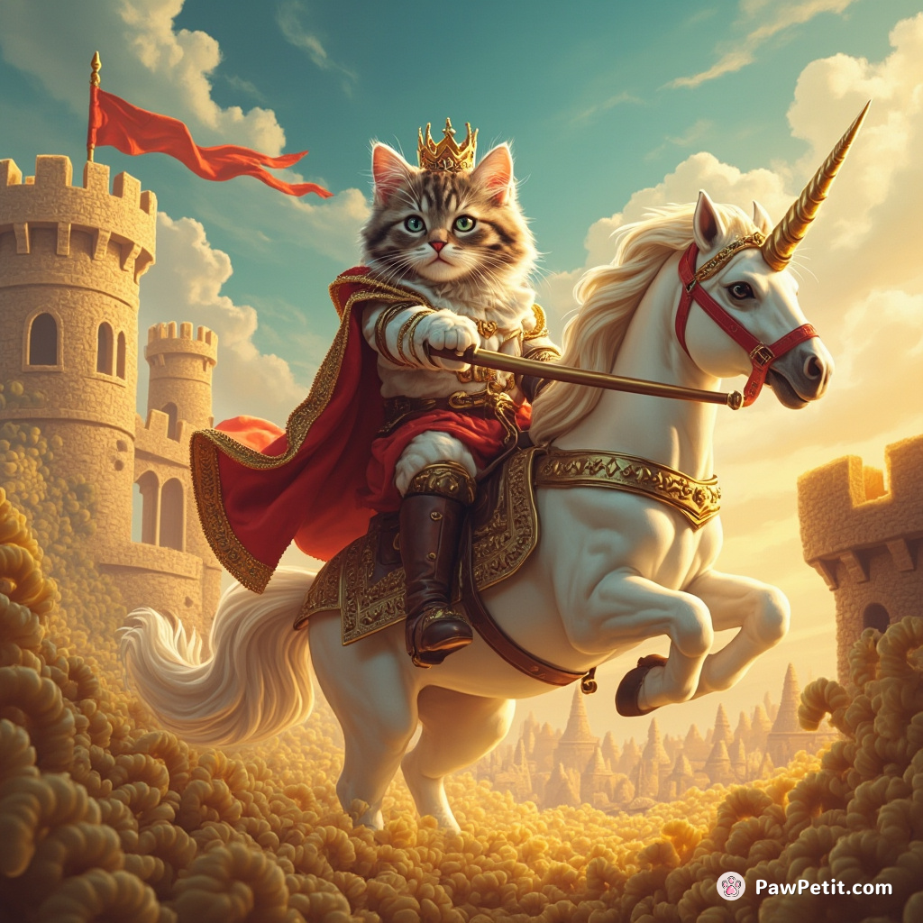 A royal cat jousting on a unicorn in a macaroni castle.