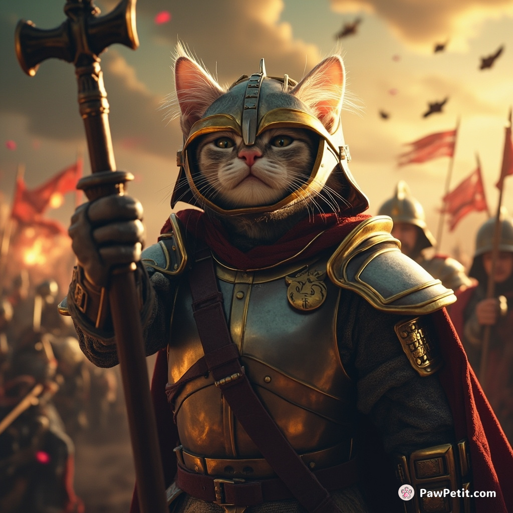 Cat falls into hero's armor, wins war by sneezing on enemy general.