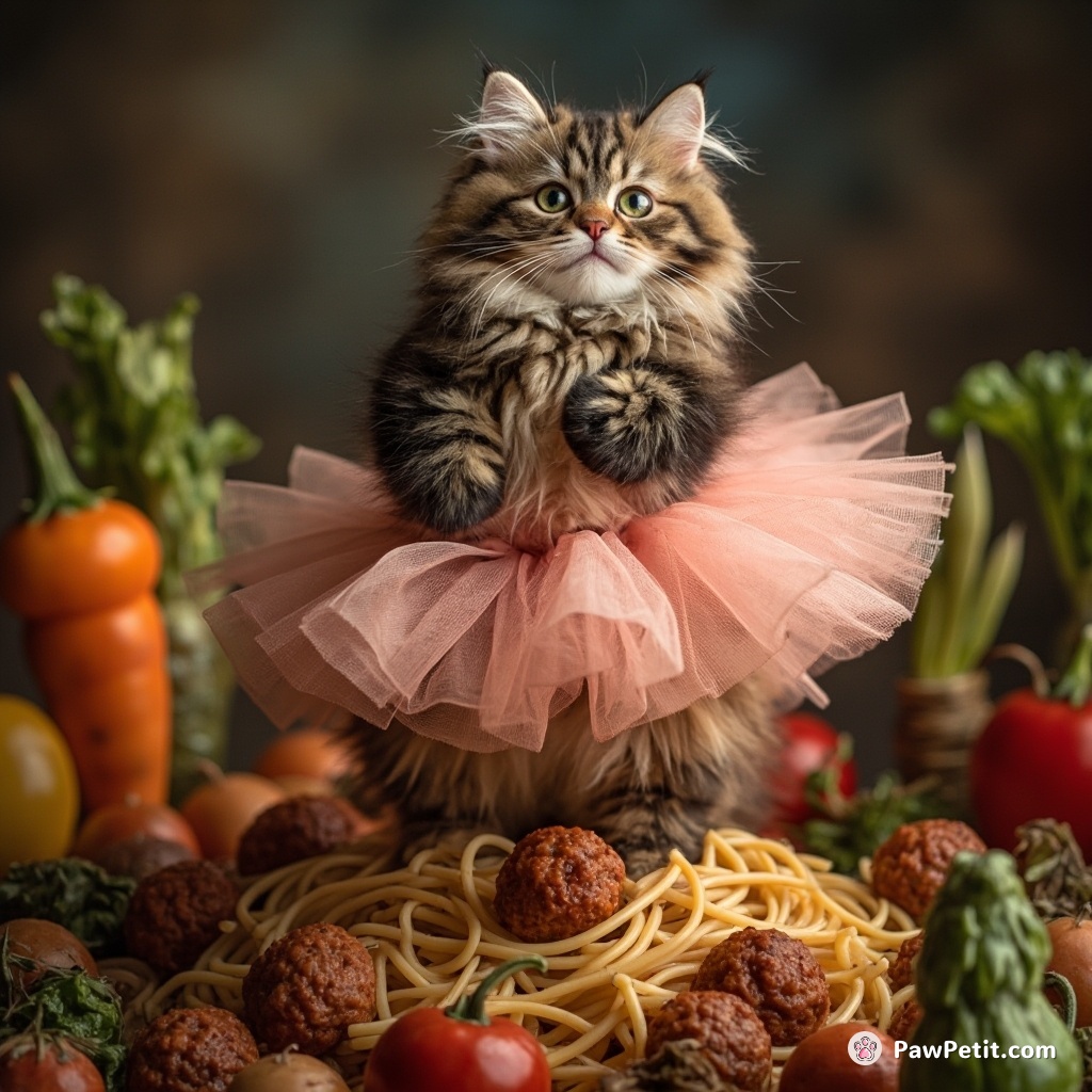 A cat swirling in a tutu on top of spaghetti meatballs, professing Shakespearean soliloquies to an audience of cheering vegetables.