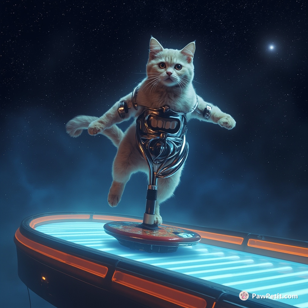 Cyborg cat bouncing on a pogo stick over a neon sushi conveyor belt in outer space.