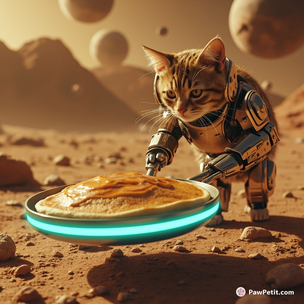 A cybernetic orange tabby cat flipping flapjacks in a levitating neon-blue skillet on the alien landscape of Mars while asteroids play classical music around it.