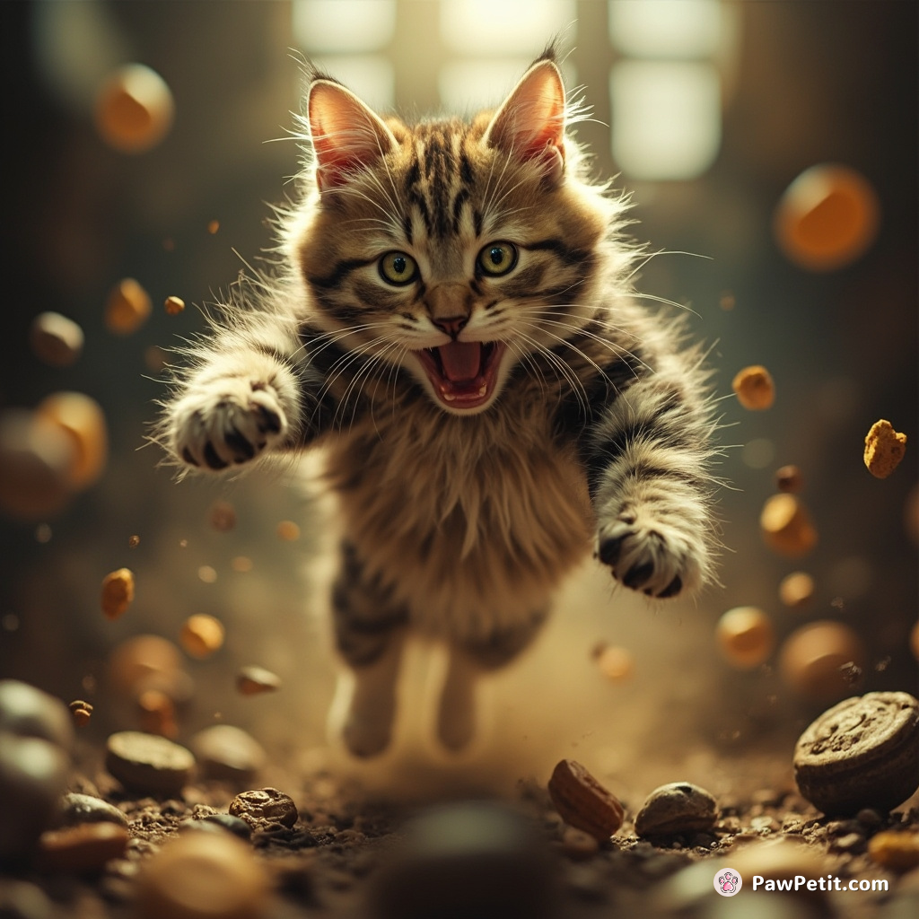 Cat frantically darts and leaps, claws out, attempting to escape the chaos.
