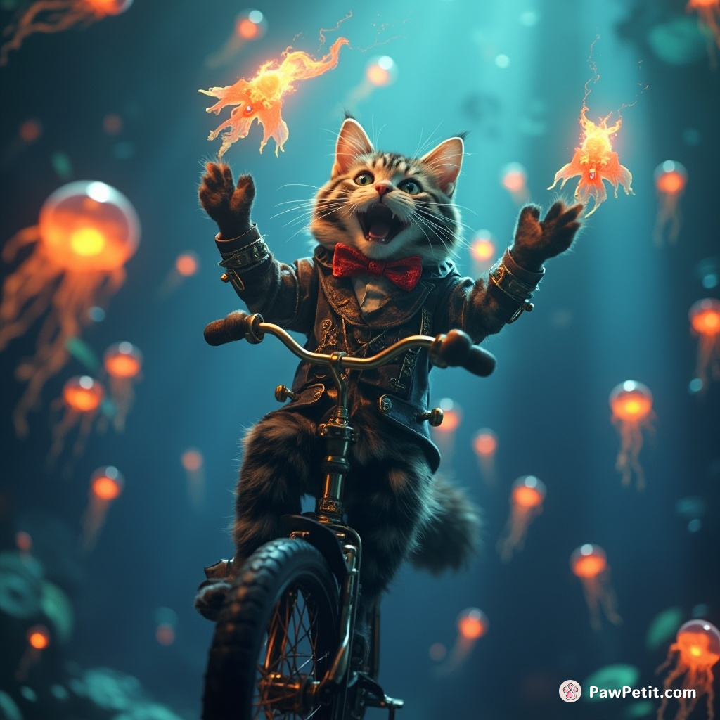 A Victorian steampunk cat riding a unicycle while juggling flaming fish deep underwater amidst neon-glowing jellyfish.