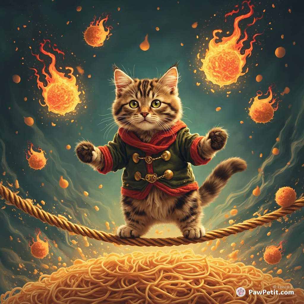 A cat juggling flaming hairballs on a tightrope over a sea of spaghetti.