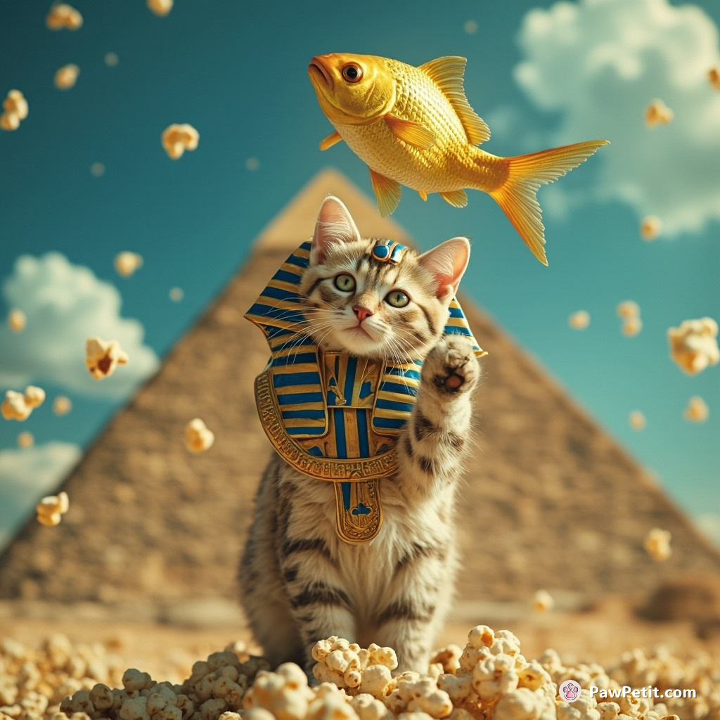 A pharaoh cat levitating a golden fish over the pyramid under a blue popcorn-raining sky.
