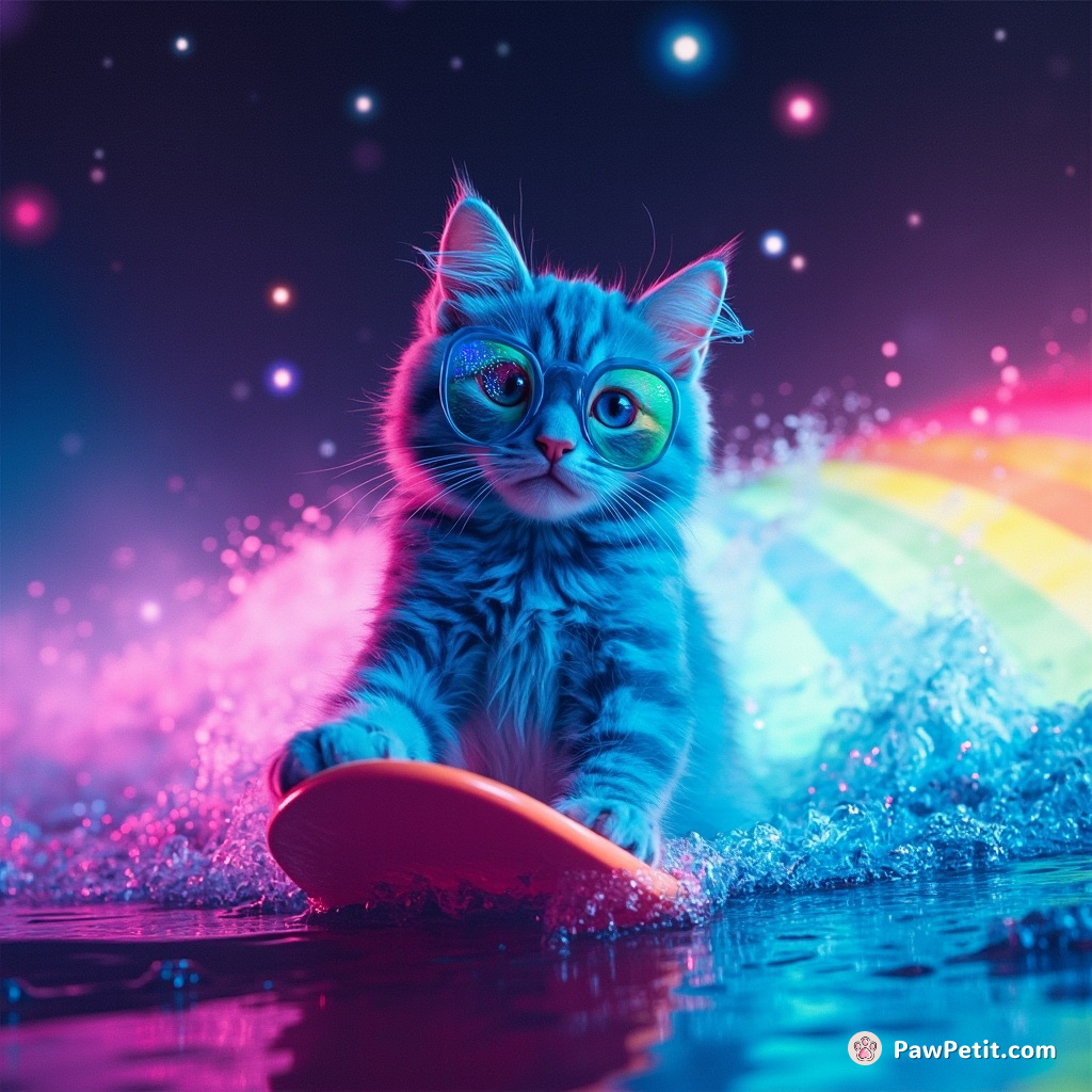 A neon blue aquatic cat, surfing a rainbow wave in a galaxy far away, wearing sea glass sunglasses.
