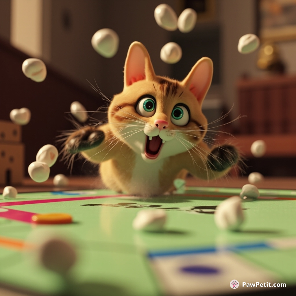 Frantically scratching, the cat scrambled to escape after accidentally landing on a board amidst an intense Monopoly game.