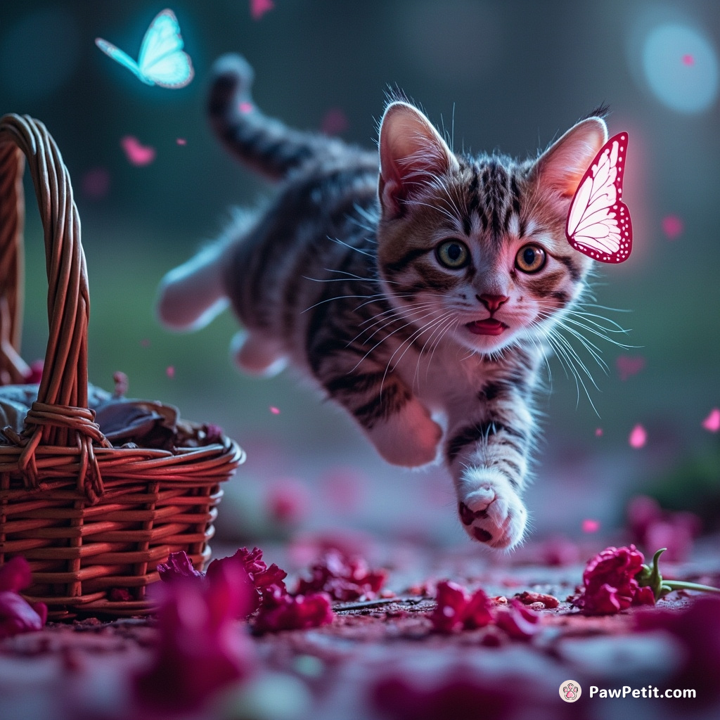 Cat sprints, leaps, and tumbles after a butterfly, knocking over a picnic basket in a flurry of fur and chaos.