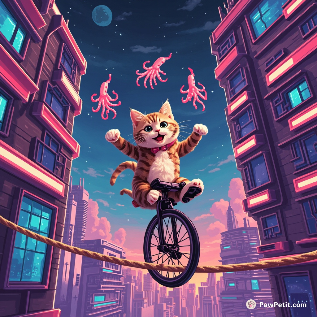 A tabby cat riding a unicycle on a tightrope strung between two futuristic skyscrapers, while juggling neon squids.