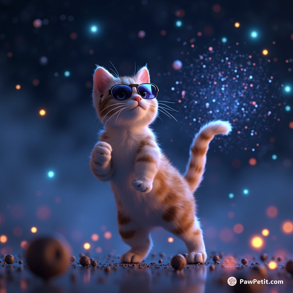 In a VR realm, a feline dances through digital galaxies, its tail weaving constellations.