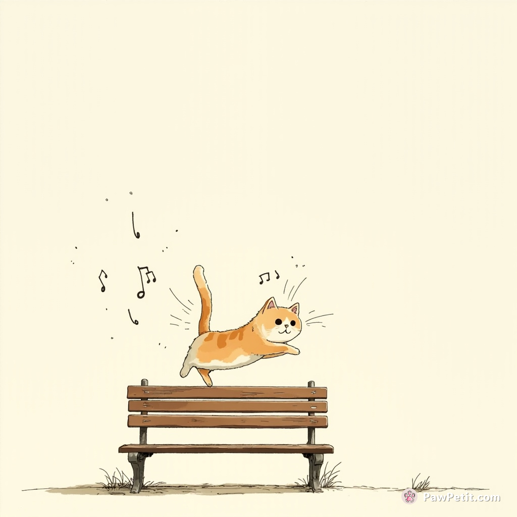 Cat leaps onto park bench, mimicking human's relaxed pose, tail flicking like an agitated conductor amidst chaos.