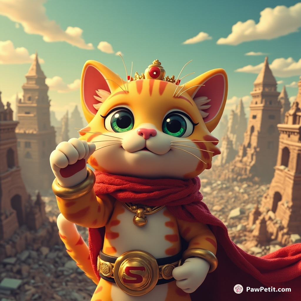 Overlooking the crumbling cities, the Supreme Feline raises its paw in command, decisively asserting the era of cat domination.