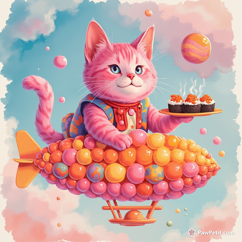A neon pink cat serving Martian sushi while dancing disco on a zeppelin made of rubber balls.