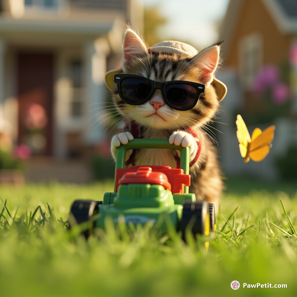 **Scene: Cat Tries to Mow the Lawn**

A cat, sporting tiny sunglasses and a sunhat, dramatically pushes a toy lawn mower, chasing a butterfly instead of grass.