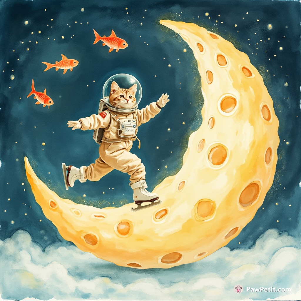 Cat gracefully ice-skating in a space suit on a mozzarella cheese moon with fluorescent fishes swimming overhead.