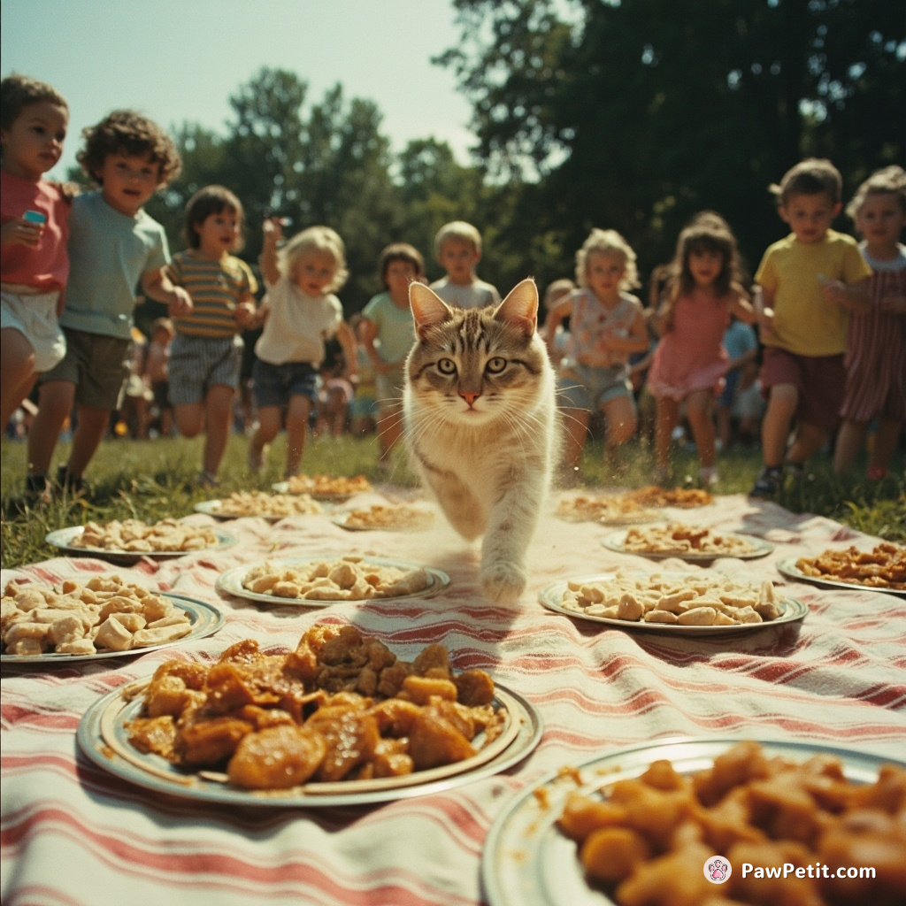 At a community picnic, Whiskers dashes across the crowded blanket, unsettling food platters as it dodges toddlers in hot pursuit.