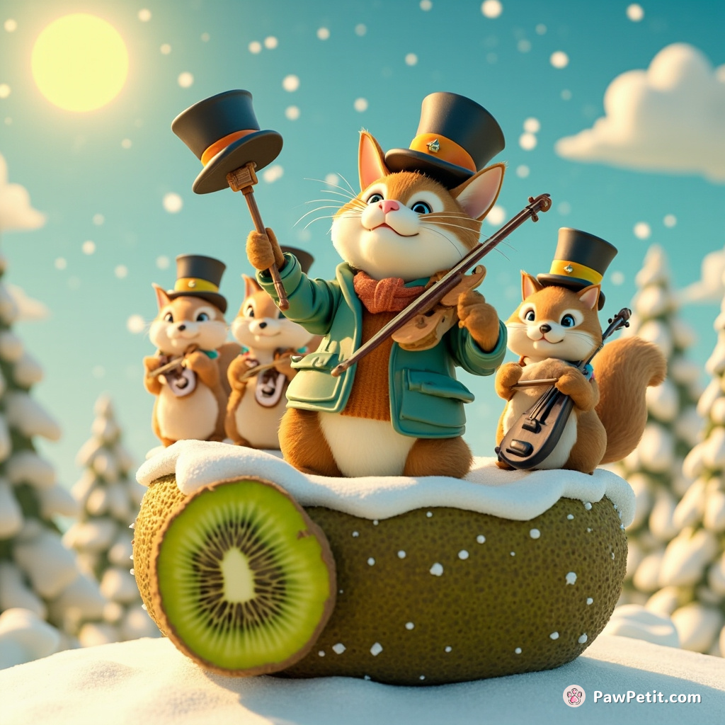 A cat conducting an orchestra of squirrels wearing top hats atop a floating kiwi in a bright sunny yet snowing weather.