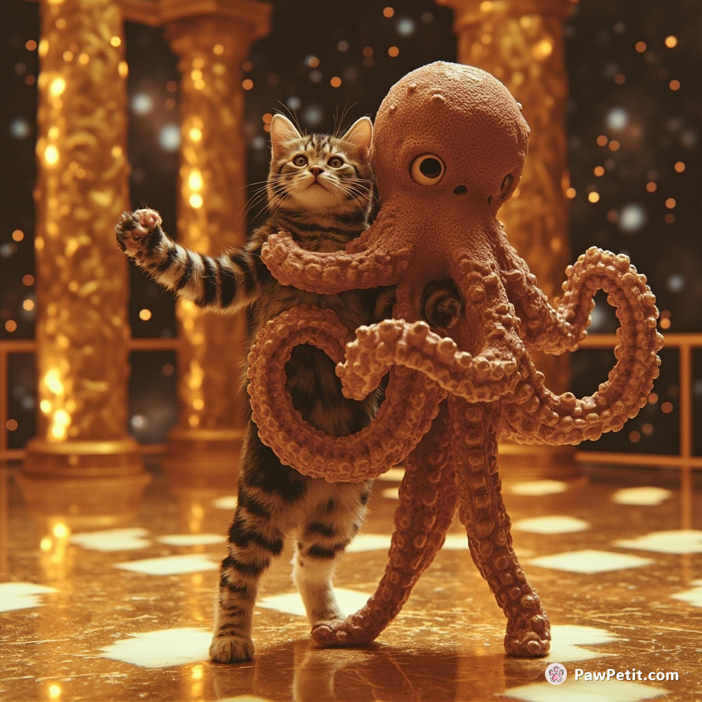 A cat waltzing with an octopus in a galaxy-filled ballroom made of solid gold.