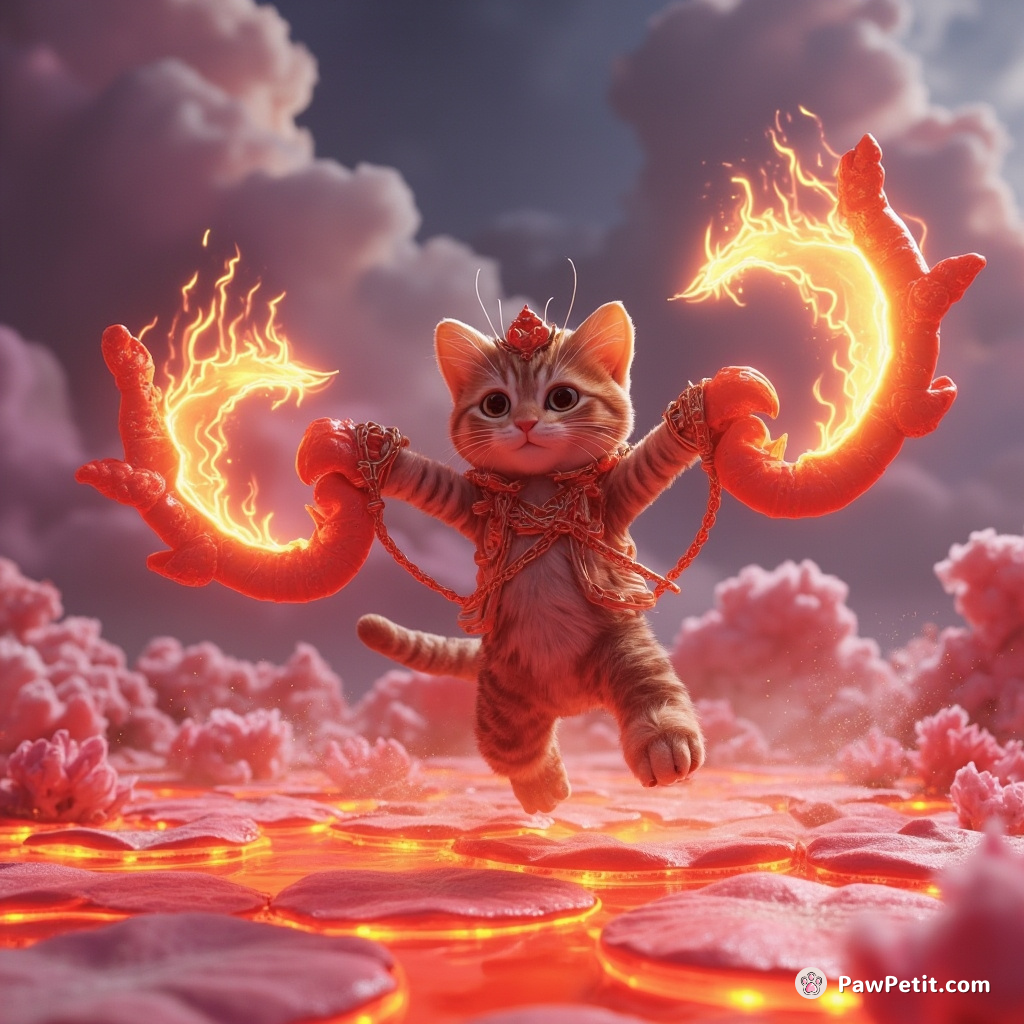 A regal cat dual-wielding flaming lobster claws, prancing across neon lily pads that float on a plasma lava lake, under a cotton candy stormy sky.