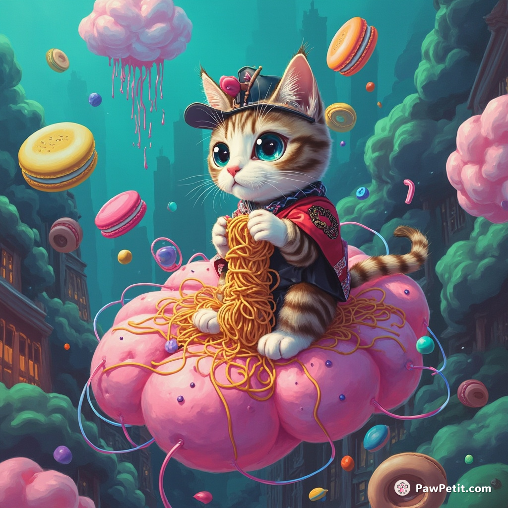 A one-eyed cat bizarrely knitting a masterpiece from neon spaghetti, while balancing precariously on a macaron cloud in an underwater city.
