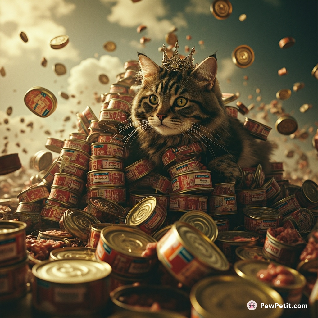 Pyramids of stacked tuna tins collapsed as Queen Whiskers overturned humanity's futile offerings in a display of careless, carnivorous rebellion.