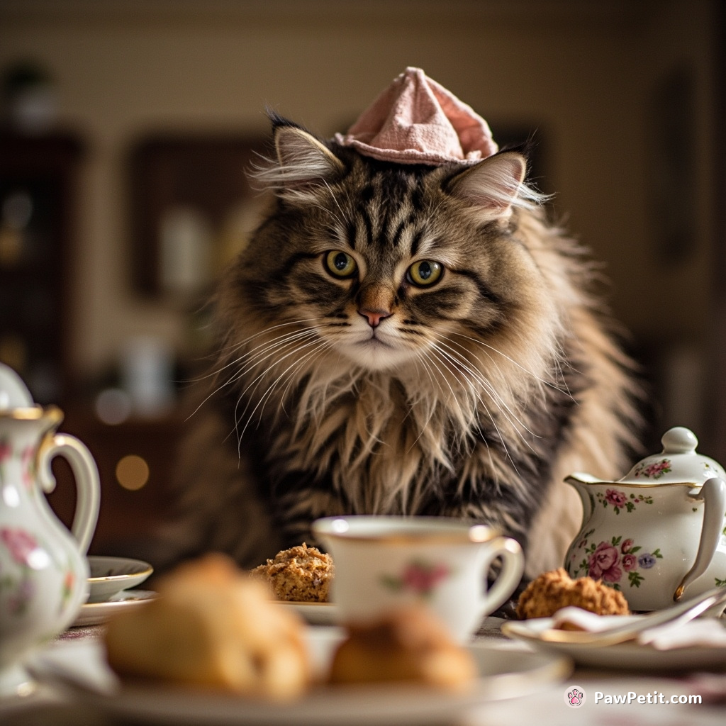 Fluffy dons a tiny hat, stumbles through a tea party, batting at scones with comically oversized paws.