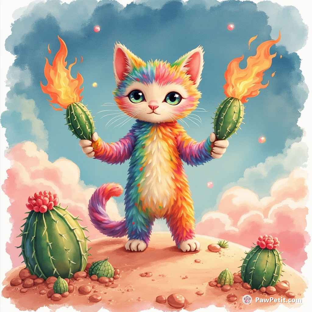 Alien cat with rainbow fur juggling flaming cacti on a bubblegum planet.