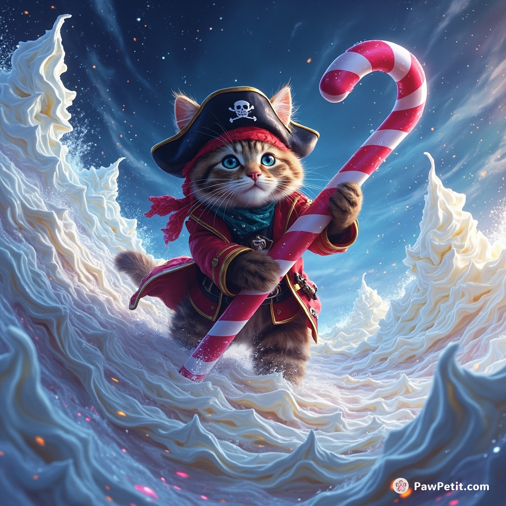 A neon pirate cat navigating a swirling sea of whipped cream, using a giant candy cane as its compass.