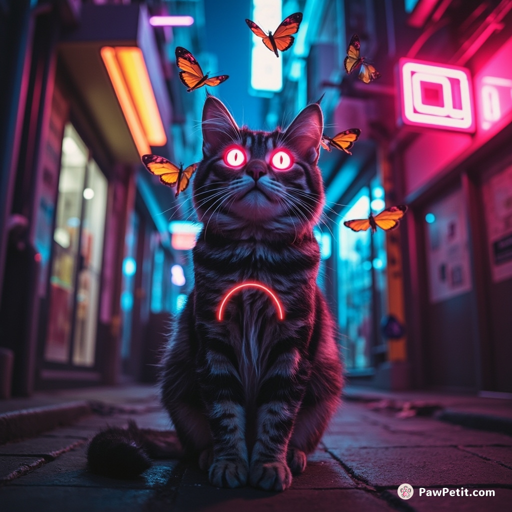 A three-eyed cat levitating fluorescent moths in a neon cyberpunk alleyway, wind ruffling its neon stripes.
