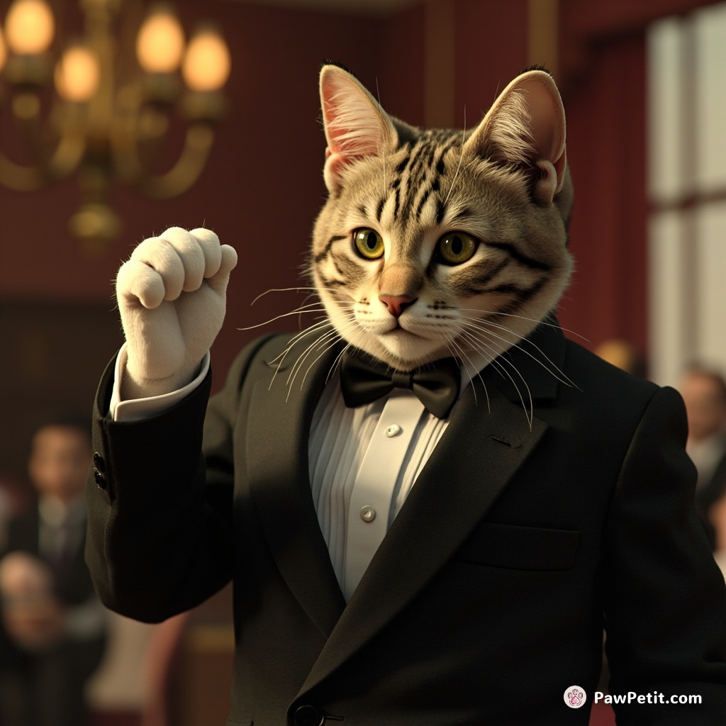 Wearing a tuxedo, the cat solemnly raised its paw to take an oath as the new mayor of imaginary Feline City.