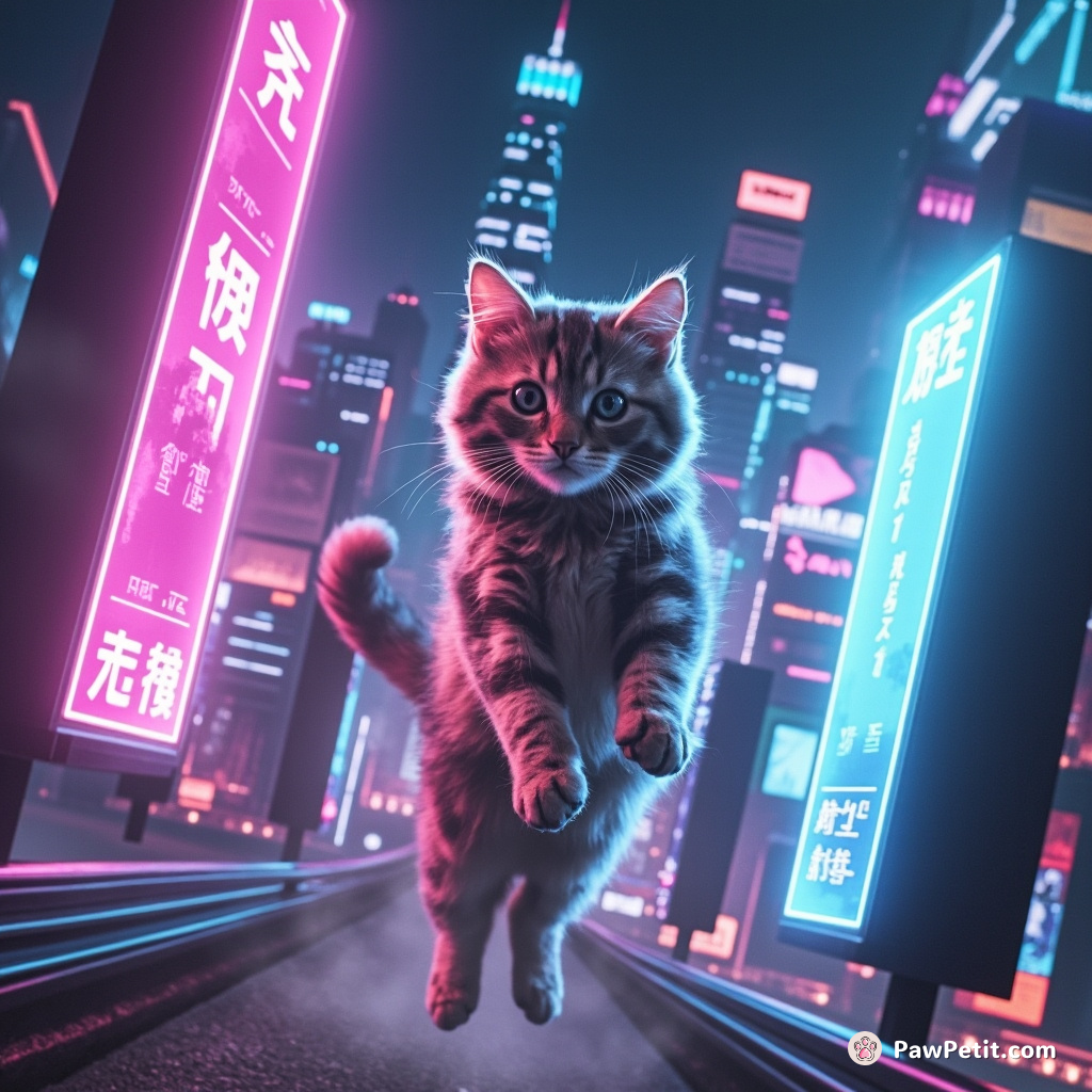 A cat leaps between holographic billboards, its tail activating neon signs, as it traverses a futuristic skyline of floating bridges.