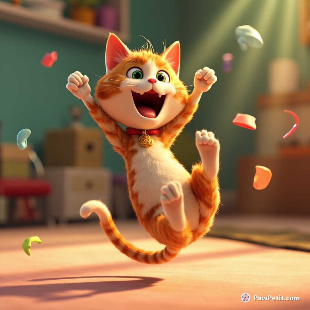 **Scenario:** A cat named Whiskers believes it can out-dance humans.

**Action:** Whiskers performs a dramatic backflip, landing gracefully on its paws with a triumphant meow.