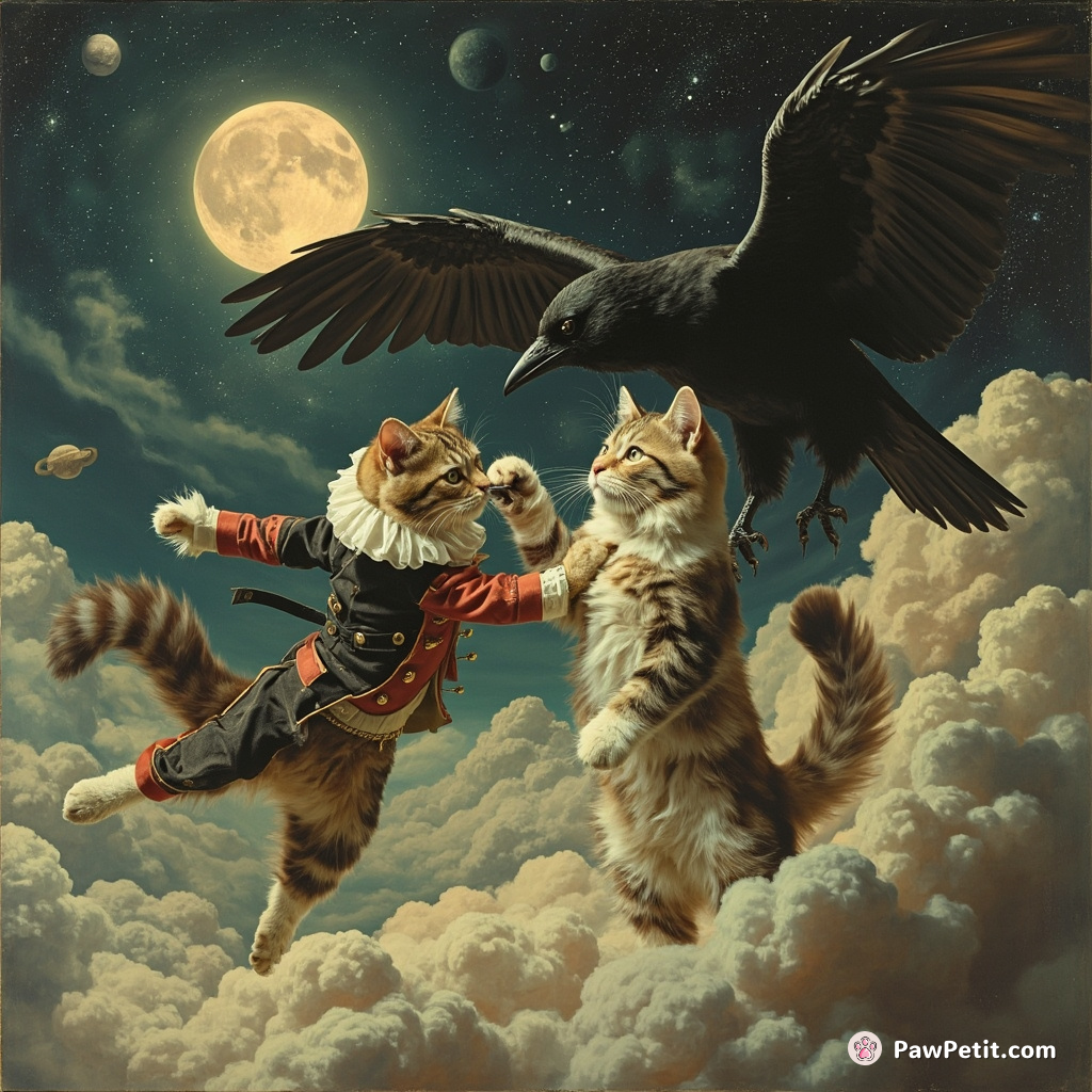 A 18th-century aristocrat cat fencing with its tail against a giant raven on Venus.