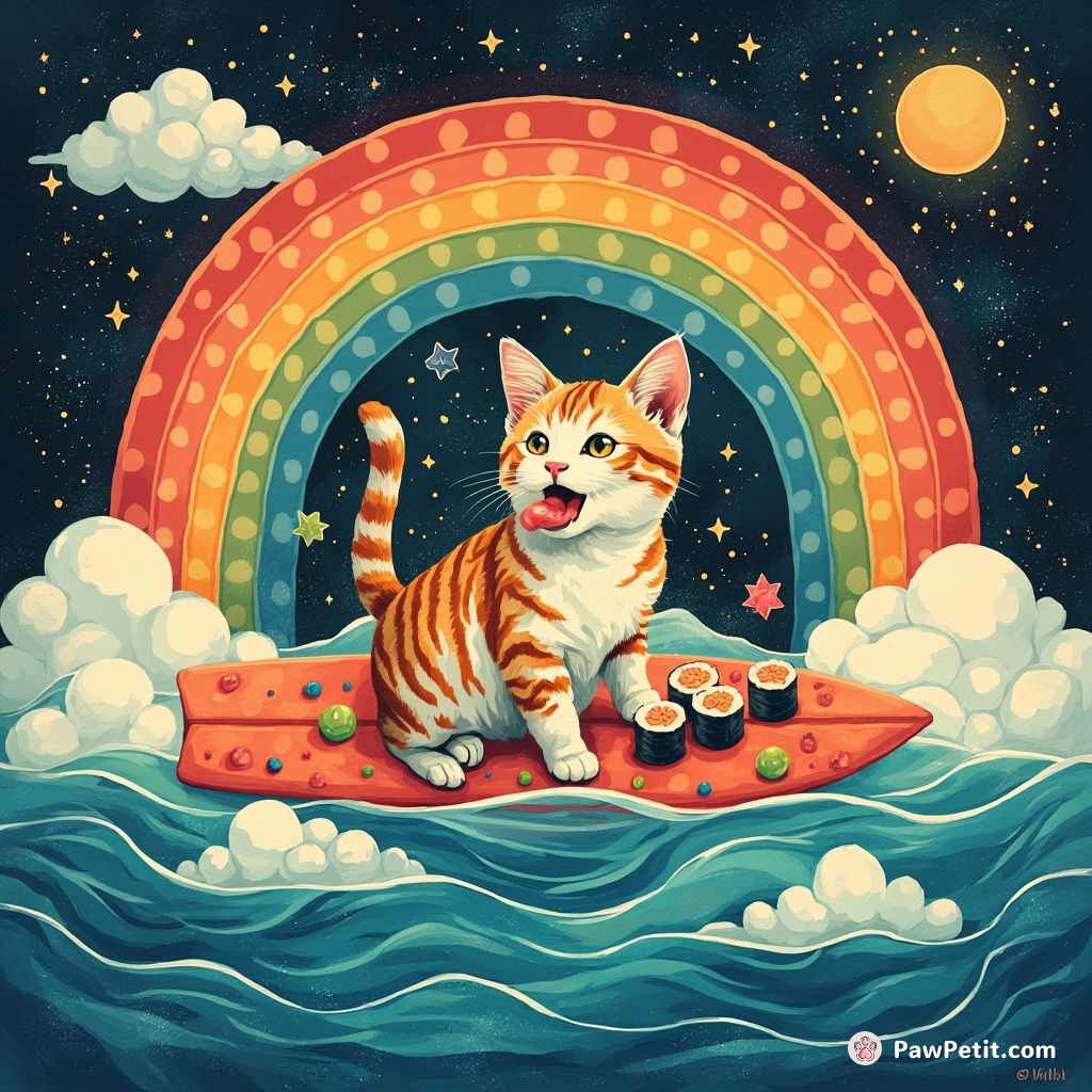 A cat eating cosmic sushi while floating on a polka-dotted surfboard under an inversion rainbow.