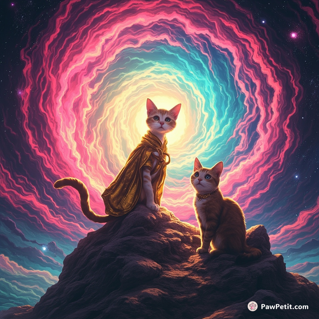 A golden-clad cat mage staring down the eye of a bright neon hurricane on Jupiter's surface.