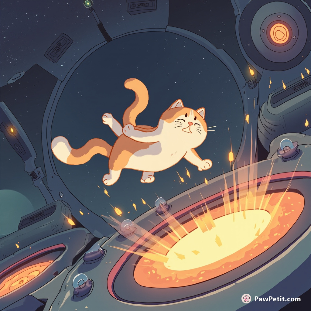 Alley-cat, Sprinkles, gracefully backflips across flashing levers inside an alien spacecraft., somehow avoiding apocalypse-level missile launch.