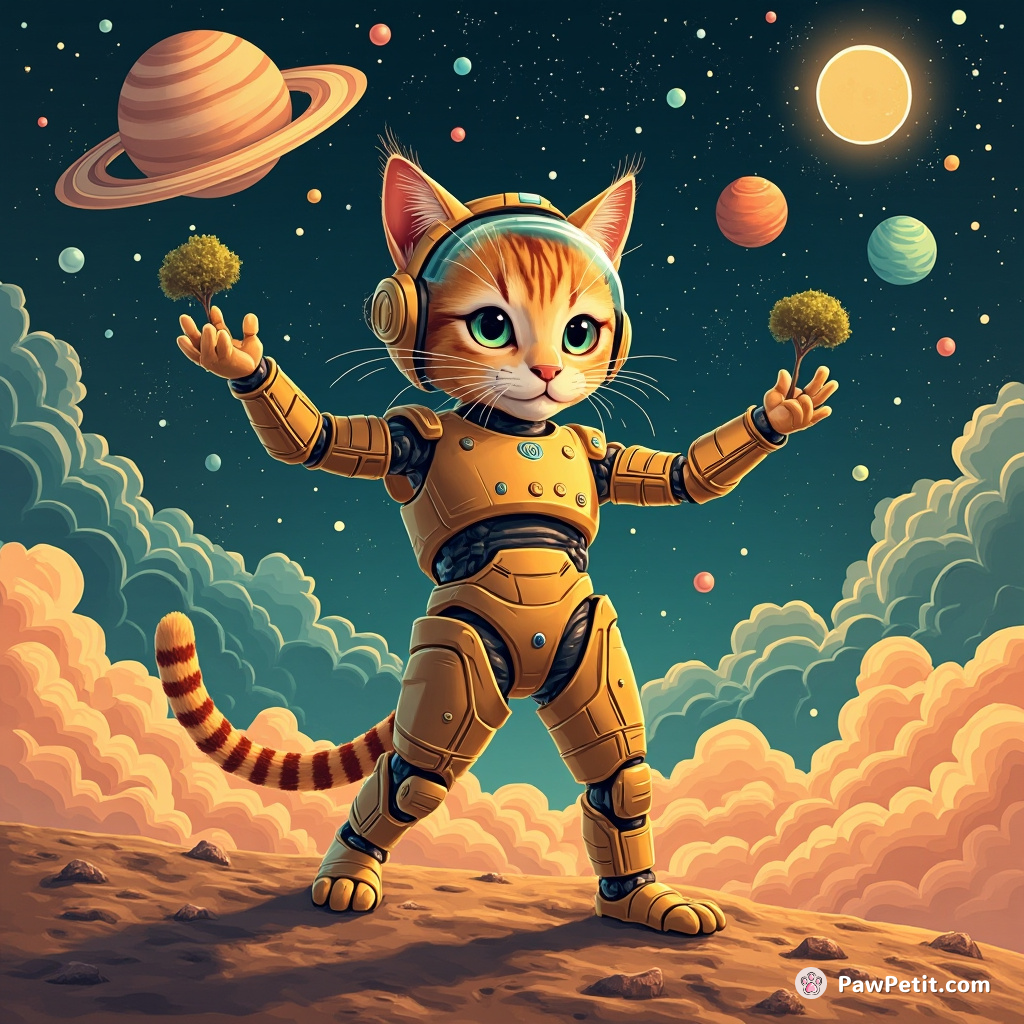 Cyborg cat disco-dancing on Jupiter while juggling miniature alien landscapes.
