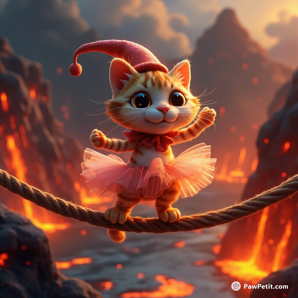 Cat tightrope walking over a lava river wearing a tutu and jester hat.