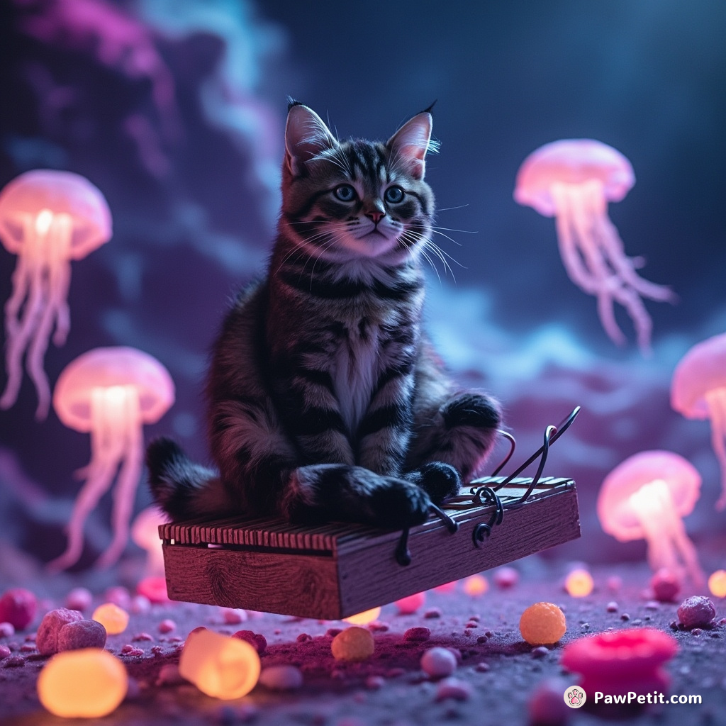 A three-tailed cat meditating on a levitating mousetrap in a neon intergalactic space ocean, surrounded by jellyfish the shape of cheeseballs.