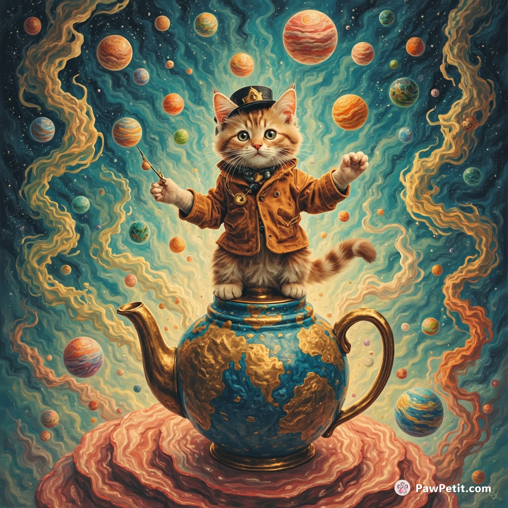 A cat juggler juggling tiny planets while balancing on a towering teapot, immersed in psychedelic swirls.
