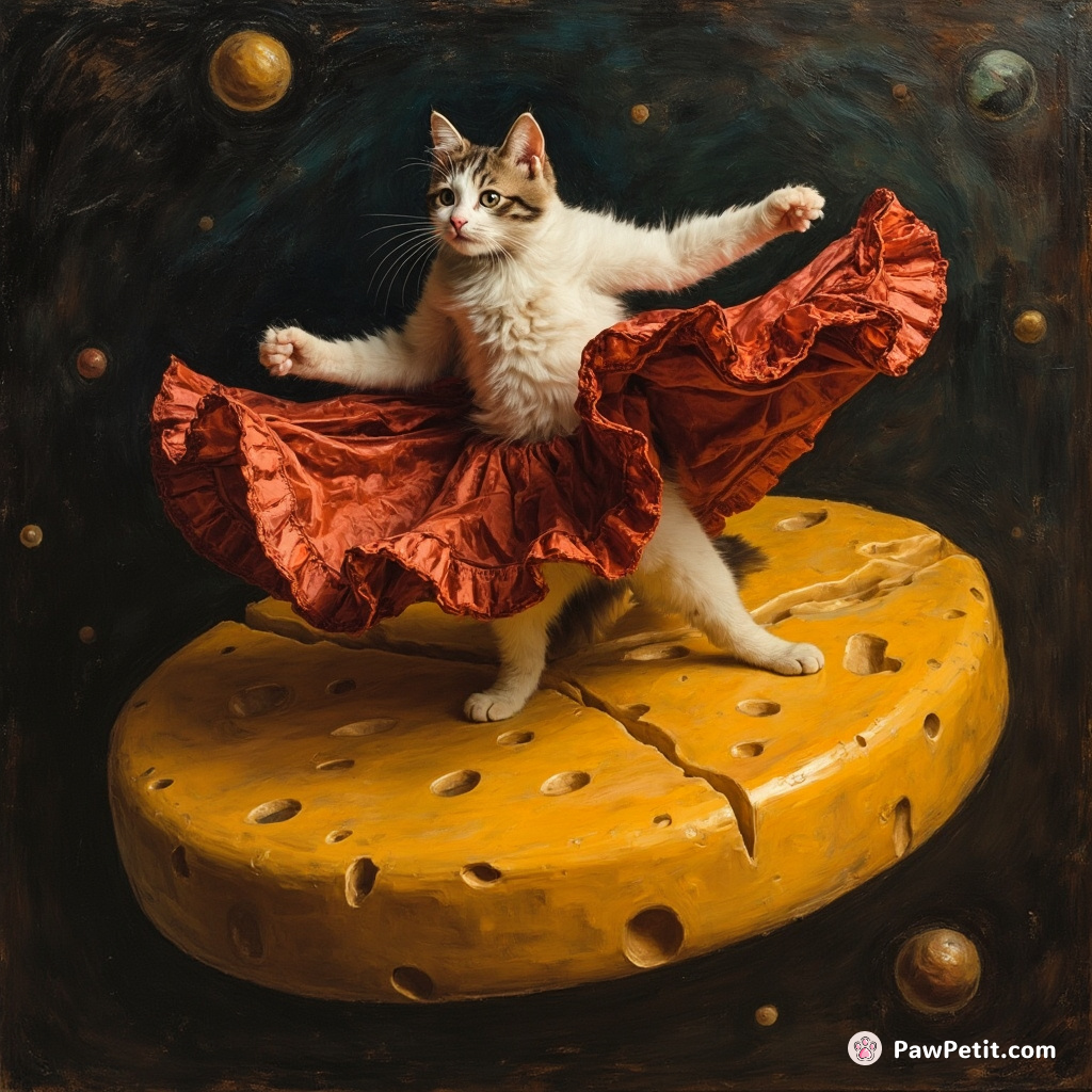 Cat performing flamenco dance on a giant cheese wheel in zero gravity.