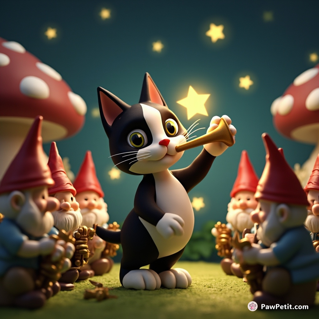A black and white cat conducting a symphony of garden gnome musicians under a starlit mushroom dome.