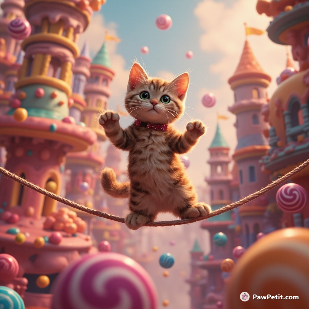 Cat tightrope walking across raining lollipops in a kaleidoscopic castle.