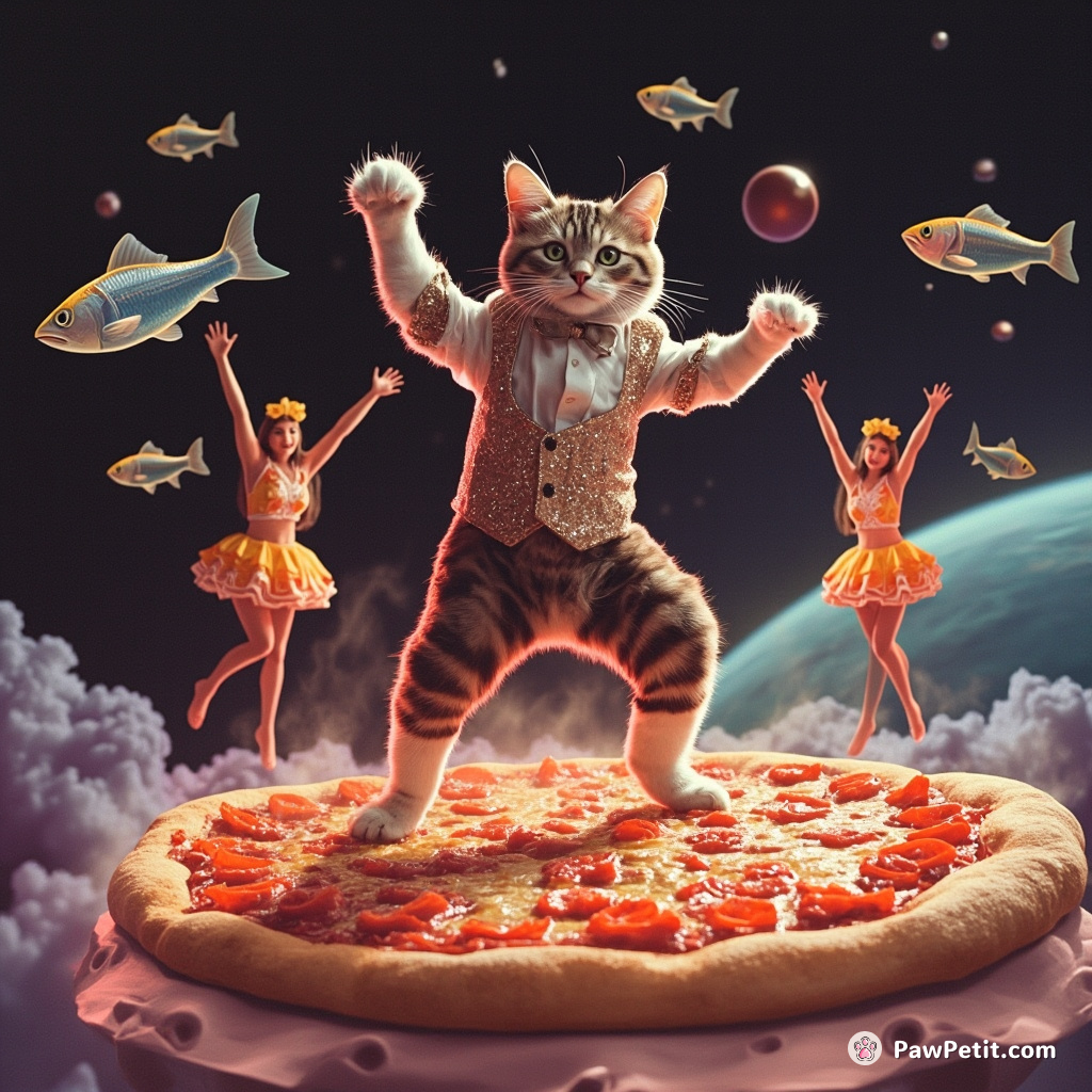 Cat salsa dancing atop steaming pizza slice, in space, accompanied by floating fish cheerleaders.