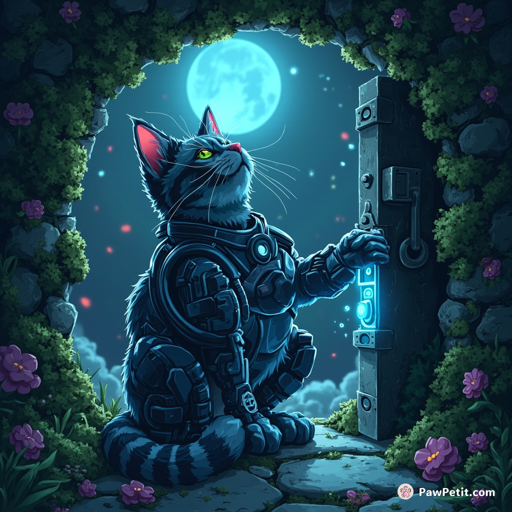 Cyborg cat with pixelated fur unlocking an ancient, moss-coated door using its lit, geometric tail in the glow of a blue banana moon.