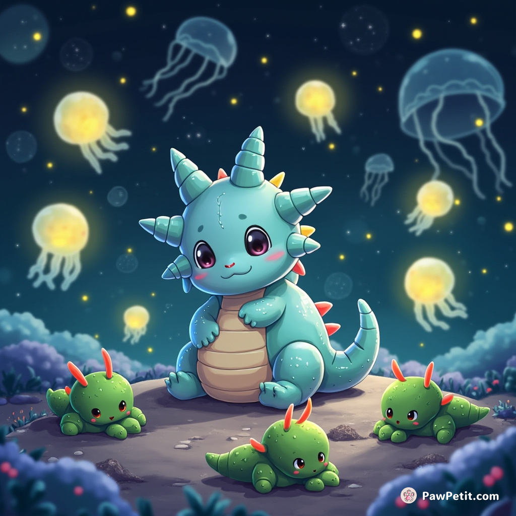 A parasaurolophus-shaped cat babysitting mini cactus aliens accompanied by floating jellyfish lanterns in an underwater galaxy.