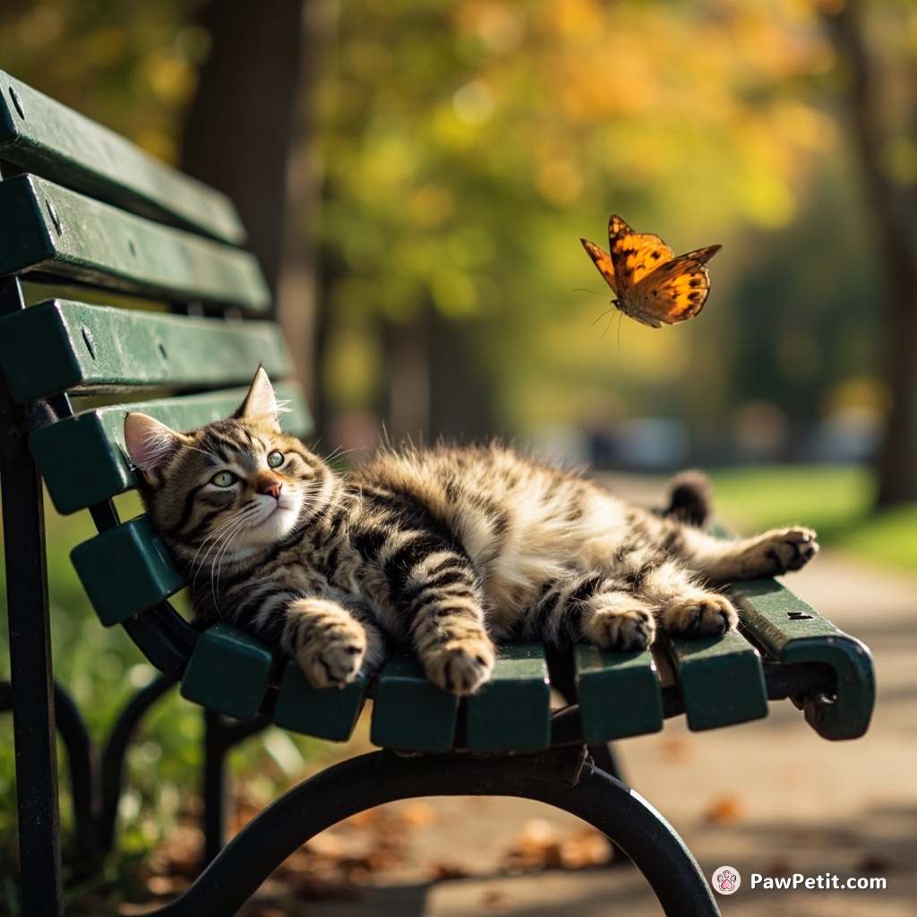A cat sprawls on a park bench, mimicking sunbathing humans, while swatting at a butterfly buzzing by.