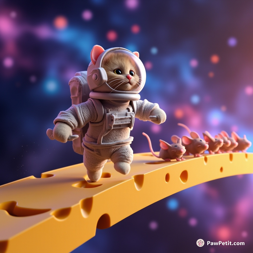Spacecat astronaut chasing colorful nebula mice on the milkyway cheese bridge.