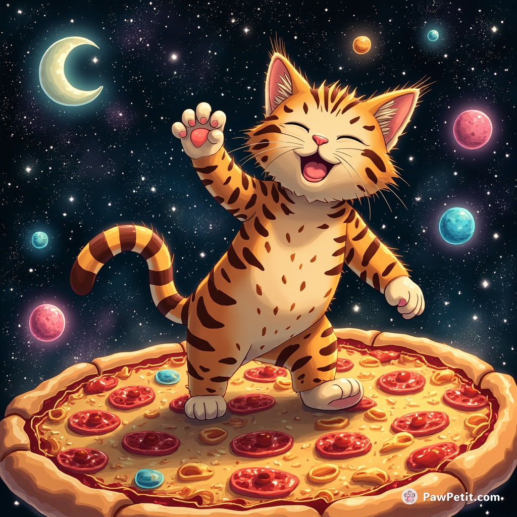 A marmalade cat moonwalking on a pizza in space, backed by psychedelic constellations.